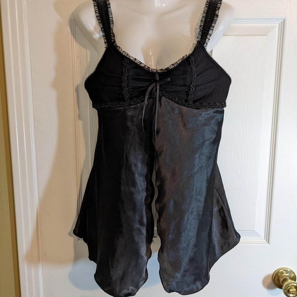 Black Satin Sexy Babydoll Lingerie w/Lacy Straps and Back Keyhole Closure - S/M